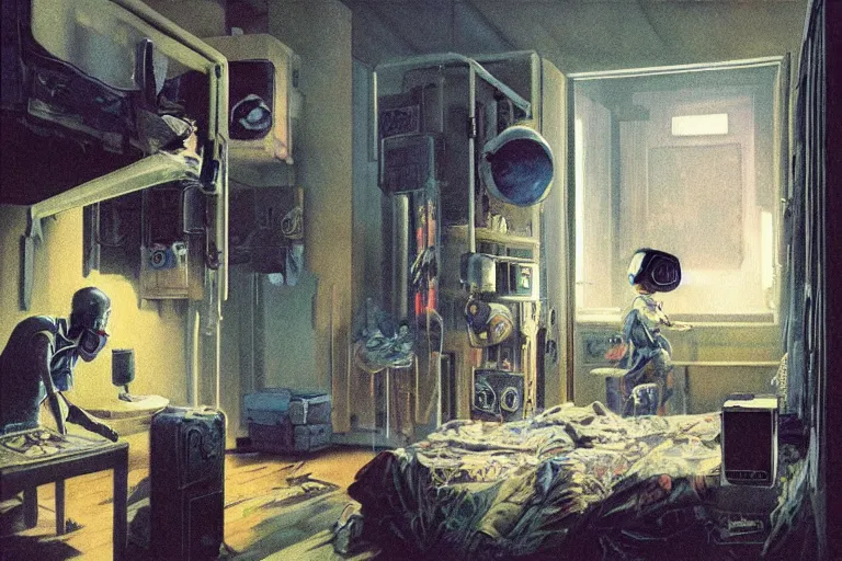 Image similar to IKEA catalogue photo, cyberpunk teenager bedroom, robots, by Beksiński