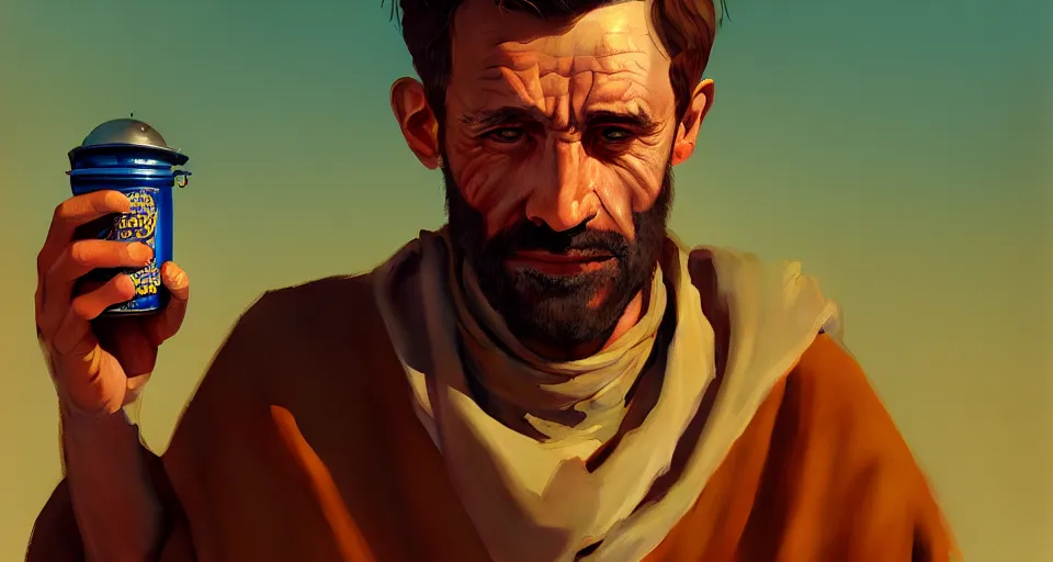 Image similar to a portrait of a man who sells me canteens warning me of the desert, artstation, cgsociety