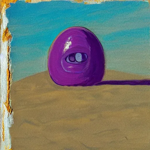 Prompt: a fauvist painting of a strange alien artifact poking out from the sand, late evening light