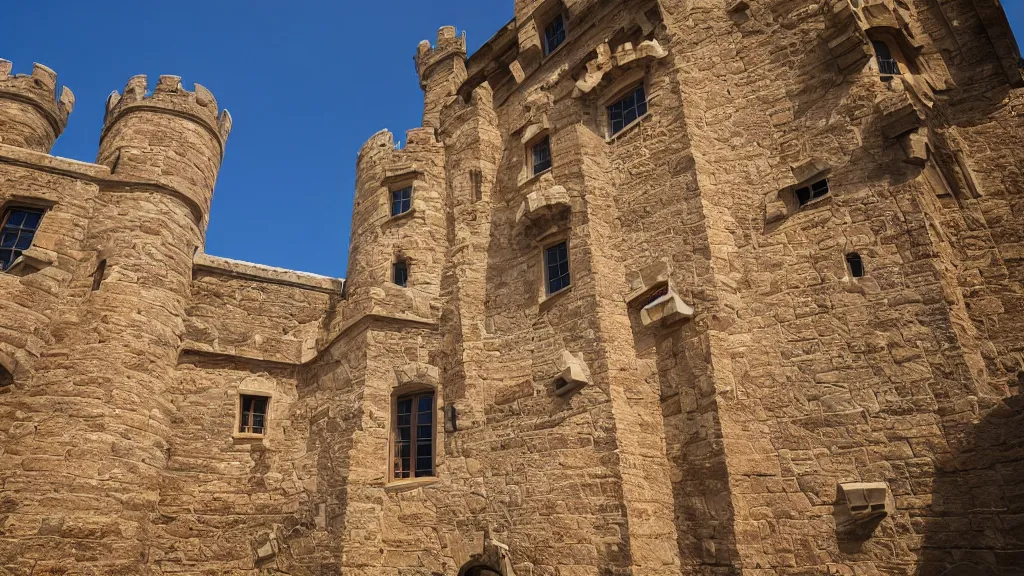 Prompt: open angle photo of a castle made of sandstone,