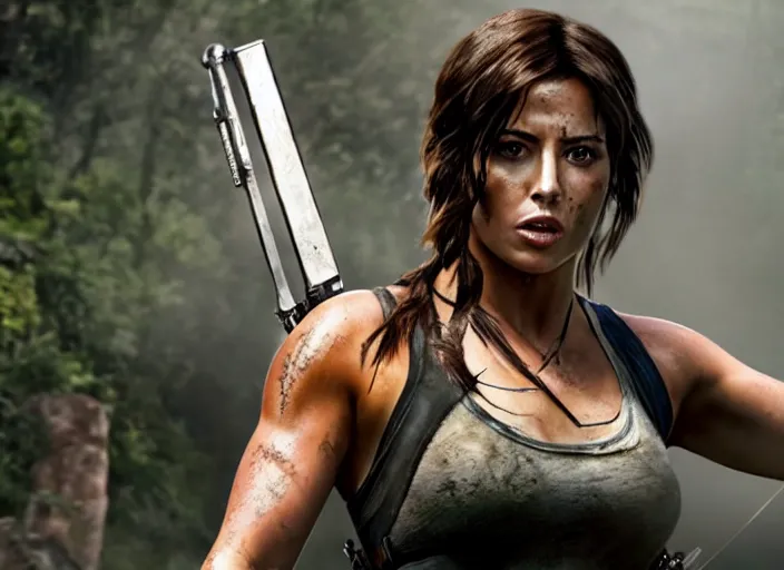 Image similar to film still of!!!! chloe bennett!!! as lara croft in new tomb raider movie, 8 k