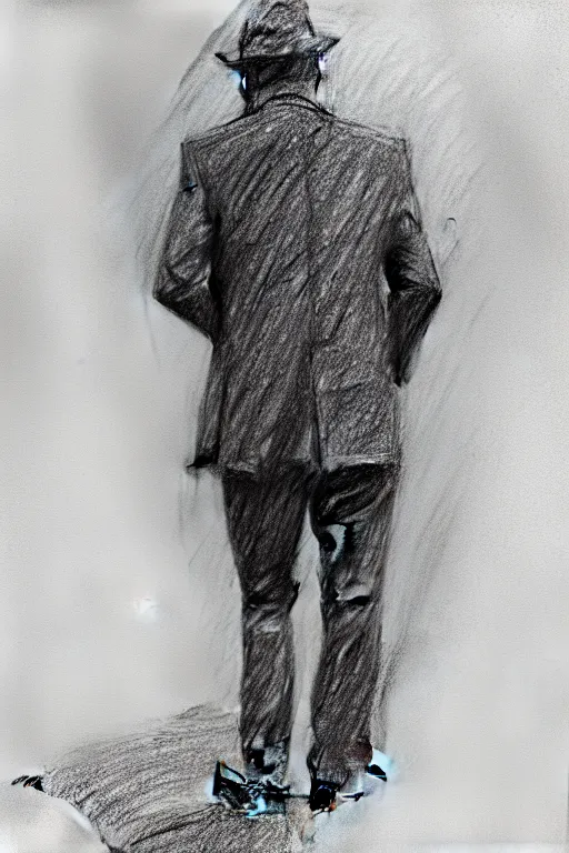 Image similar to a drawn man standing in the rain. pencil sketch.
