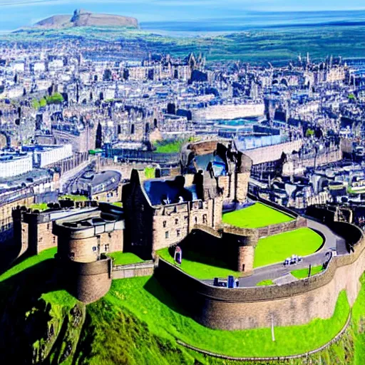 Prompt: aerial photo of edinburgh castle with a background of open ocean background