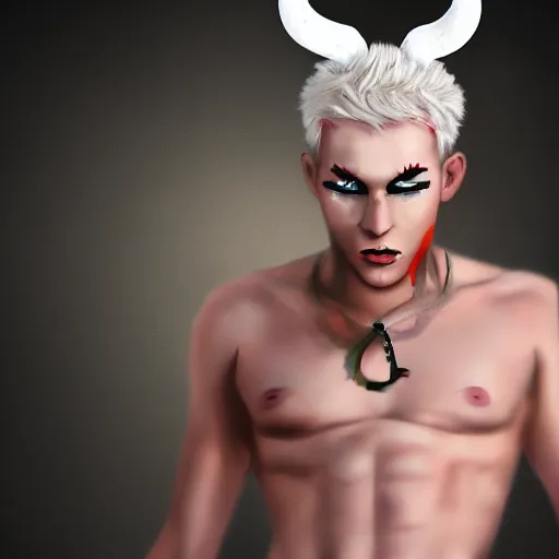 Prompt: fit male demon with white horns, young, careless, costume design, still, photograph, digital painting, trending on artstation, masterpiece, in the style of JB Casacop