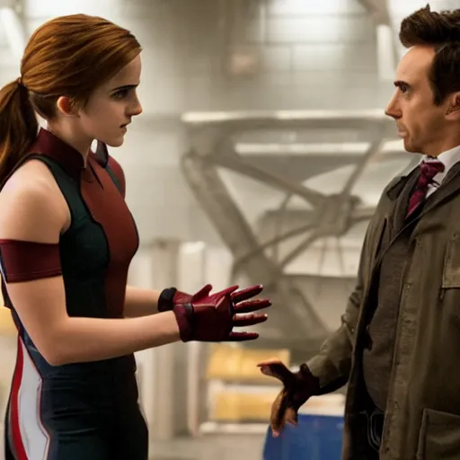 Image similar to a still of emma watson in iron man fighting with captain america ( daniel radcliff )