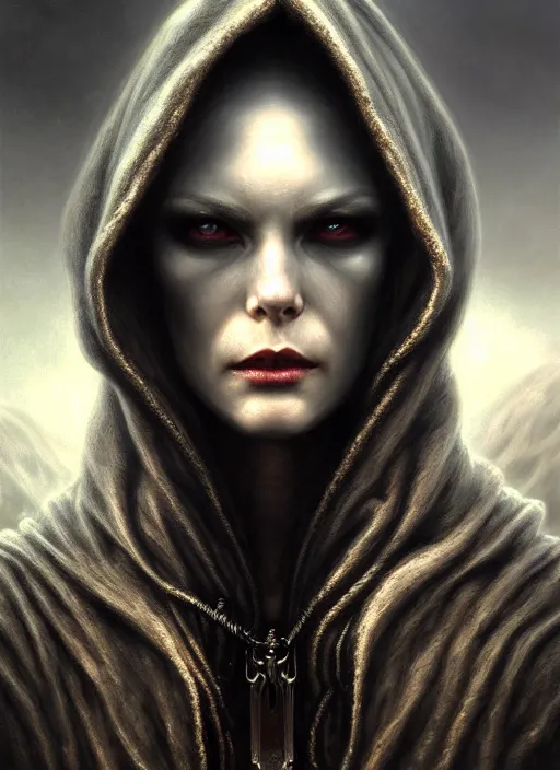 Prompt: closeup portrait shot of a hooded vampire in a scenic dystopian environment, intricate, elegant, highly detailed, centered, digital painting, artstation, concept art, smooth, sharp focus, illustration, artgerm, tomasz alen kopera, peter mohrbacher, donato giancola, joseph christian leyendecker, wlop, boris vallejo