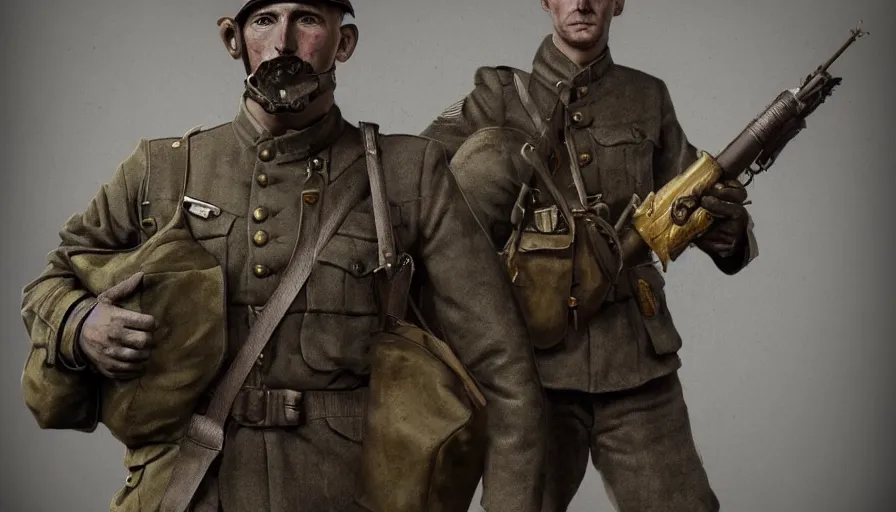 Image similar to world war 1 soldier, armor, chest, military pouch, military bag, belt, military, Artstation, concept design art, in the style of piotr yablonski and norman rockwell, Octane render, 8K
