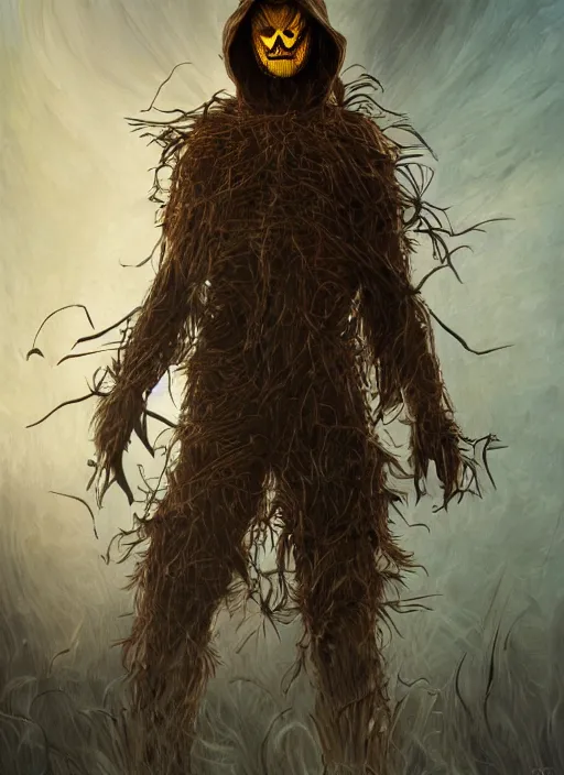 Image similar to powerful male scarecrow, willem dafoe as scarecrow, full body character concept, covered in full leather armor, art nouveau, super powers, fantasy, intricate, elegant, highly detailed, digital painting, artstation, concept art, shining, sharp focus, terrifying, horror, fear, scary, illustration, art by stanley lau