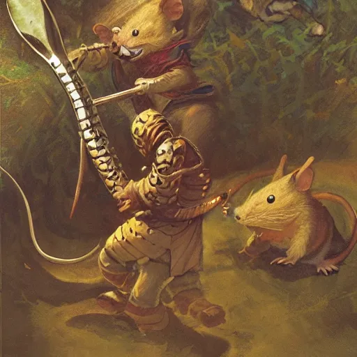 Prompt: martin the mouse warrior battling Asmodeus the serpent by James Gurney. Redwall.