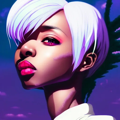 Image similar to portrait of a black anime manga girl, french bob hair, white hair, bomber jacket, by artgerm, james jean, tom bagshaw, gerald brom, vaporwave colors, lofi colors, vaporwave, lofi, goth vibe, 4 k, smooth, hd, substance designer render, full body character concept art, symmetrical, 2 point lighting,