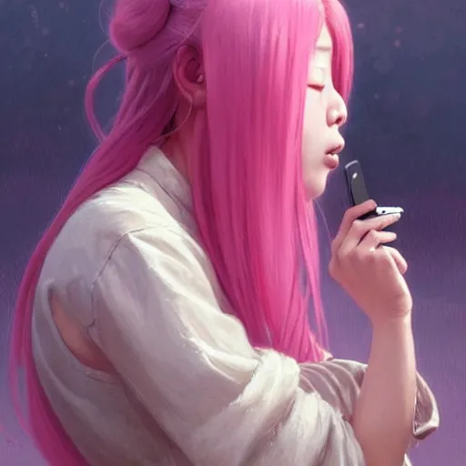 Image similar to asian girl crying while staring at her cell phone, pink hair, tokyo landscape, D&D, fantasy, intricate, elegant, highly detailed, digital painting, artstation, concept art, matte, sharp focus, illustration, art by Artgerm and Greg Rutkowski and Alphonse Mucha