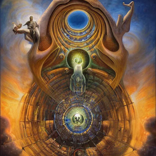 Image similar to The portal master tarot card by Tomasz Alen Kopera and Salvador Dali and moebius, impressive perspective, seen from above, masterpiece, 8k, dynamic lighting, Highly Detailed, trending on artstation