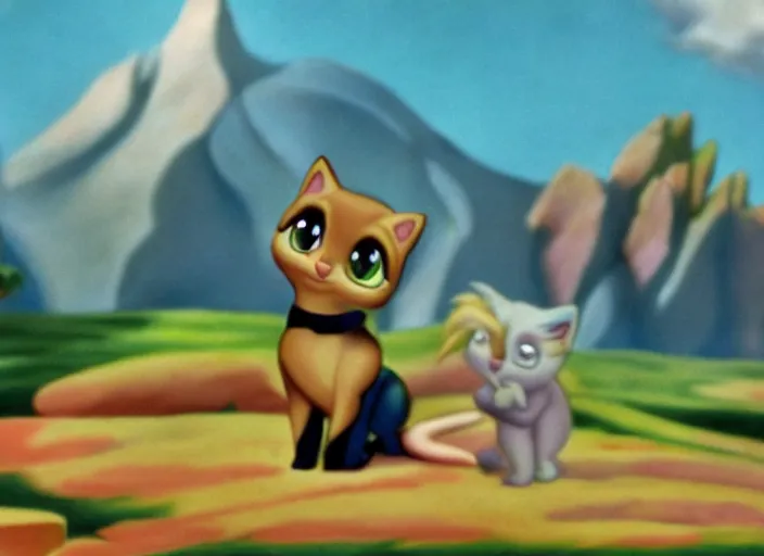 Image similar to littlest pet shop cat in a scenic matte painting from fantasia ( 1 9 4 1 )