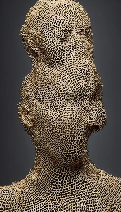 Image similar to a woman with a plastic mask on her face, a surrealist sculpture by alexander mcqueen, trending on pinterest, plasticien, trypophobia, biomorphic, made of plastic