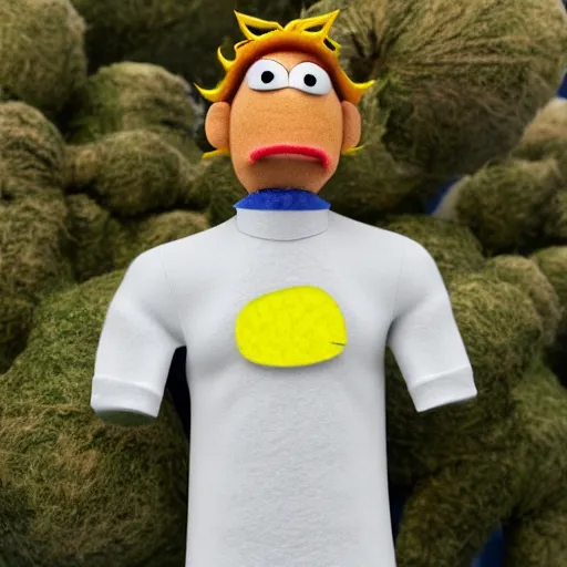 Image similar to morty smith as a muppet with peach skin, shirt brown hair and yellow tshirt. highly detailed felt. hyper real photo. 4 k.