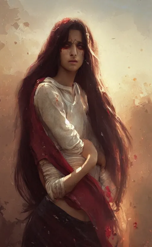 Image similar to The most beautiful arabian girl in the world crying blood ,digital art,ultra realistic,ultra detailed, ultra wide Lens, art by greg rutkowski