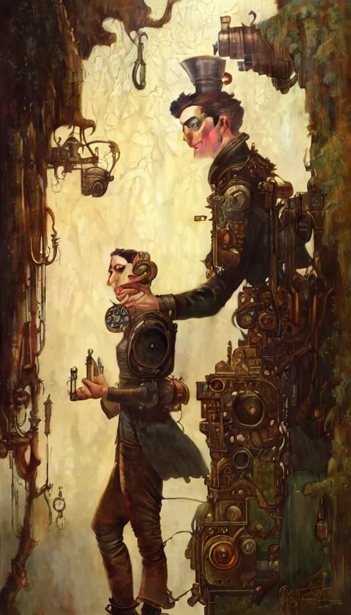 Image similar to hyper realistic photographer looking through camera, magical, steampunk, painted by norman rockwell, tom bagshaw, mucha, gaston bussiere, craig mullins, j. c. leyendecker 8 k