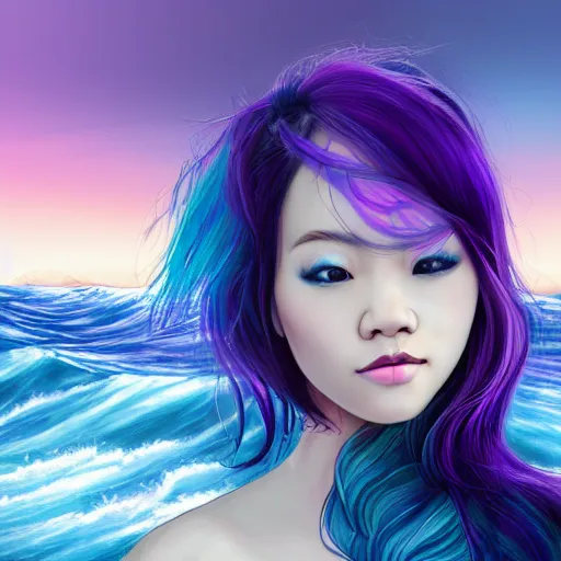 Prompt: beautiful asian girl with tattoo's and blue pink purple hair looking in the camera with sea with big waves in the background, portrait, 8 k, digital art, detailed realistic eyes.