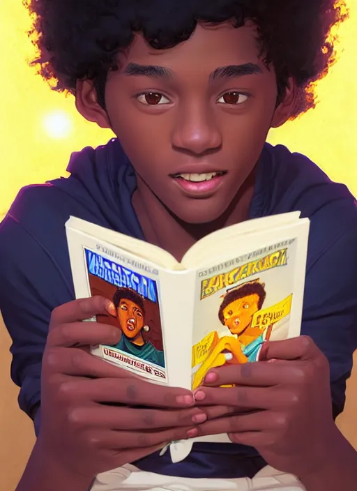 Image similar to portrait of teenage chuck clayton, black teenage boy, very short curly hair, very short hair, square jaw, slight excited smile, reading archie comic book, intricate, elegant, glowing lights, highly detailed, digital painting, artstation, concept art, smooth, sharp focus, illustration, art by wlop, mars ravelo and greg rutkowski