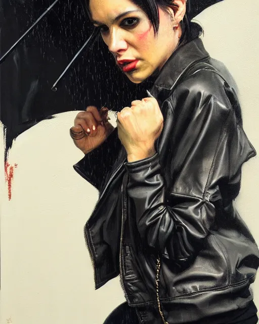 Image similar to greg manchess portrait painting of a punk woman in a leather bomber jacket, medium shot, asymmetrical, profile picture, organic painting, rainy night, matte painting, bold shapes, hard edges, street art, trending on artstation, by huang guangjian and gil elvgren and sachin teng