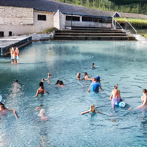 Prompt: a photograph of people diving in the waterfilled limestone quarry in gronhogen, oland, sweden, summertime, magical light