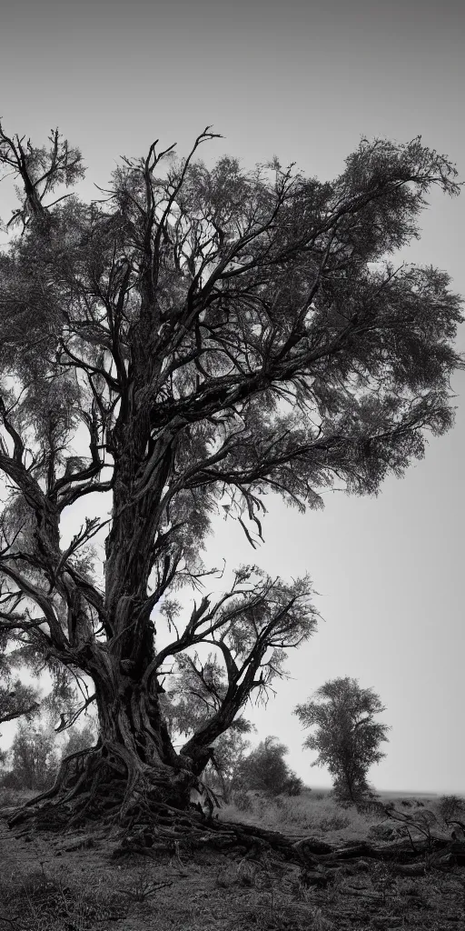 Image similar to dead old trees intricated together on a dry land,Highly Detailed, Cinematic Lighting, rim light, hyper real, black and white, photo-realistic Unreal Engine, 8K