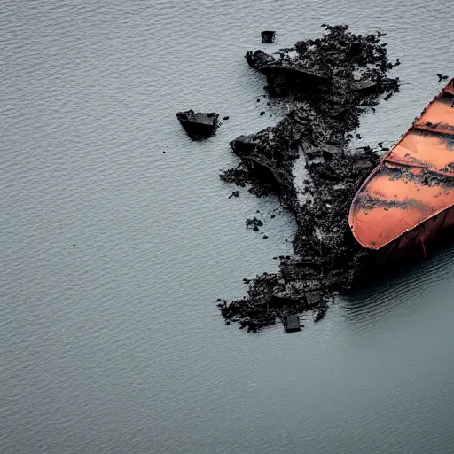 Image similar to airborne view, crashed cargo ship leaking mysterious black slime, black gooey liquid leaking out of crashed cargo ship, apocalyptic, ruined, container ship, crashed, 8 5 mm f / 1. 4