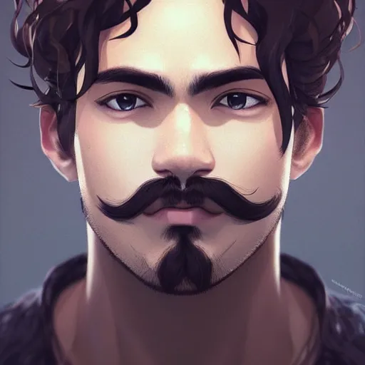 Image similar to Portrait of man with Tousled Curls type hair and Brown Indonesian-type skin, with round face and small mustache, atmospheric lighting, intricate detail, cgsociety, ambient light, dynamic lighting, anime style by Yusuke Kozaki