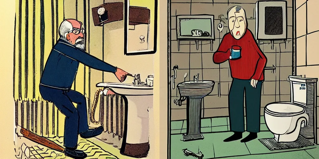 Prompt: 'An old man in his 80’s with a cane falls in a toilet, illustrated by Stephen Bliss.'