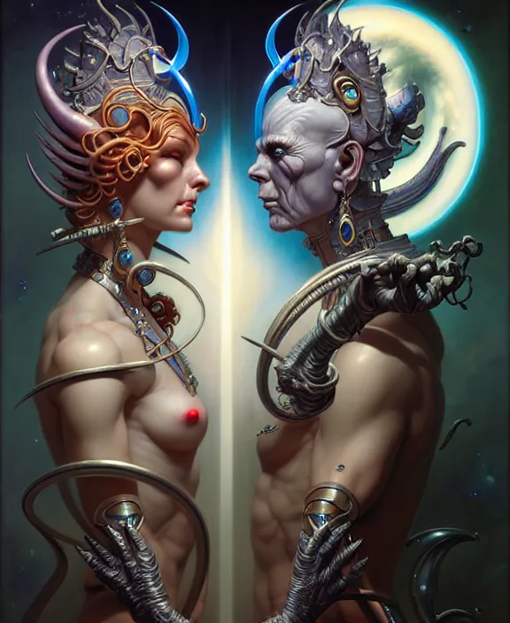 Image similar to beautiful gemini good and evil fantasy character portrait, ultra realistic, wide angle, intricate details, the fifth element artifacts, highly detailed by peter mohrbacher, hajime sorayama, wayne barlowe, boris vallejo, aaron horkey, gaston bussiere, craig mullins