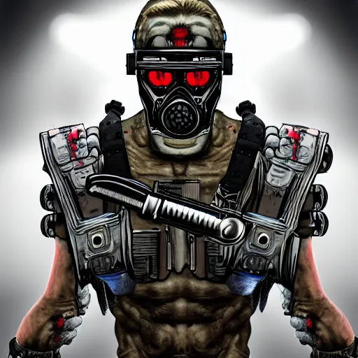 Image similar to a award winning action upper body portrait of nuke zombie with a mullet and breathing mask while wearing futuristic bodyarmor and pauldrons, outrun, vaporware, highly detailed, fine detail, intricate