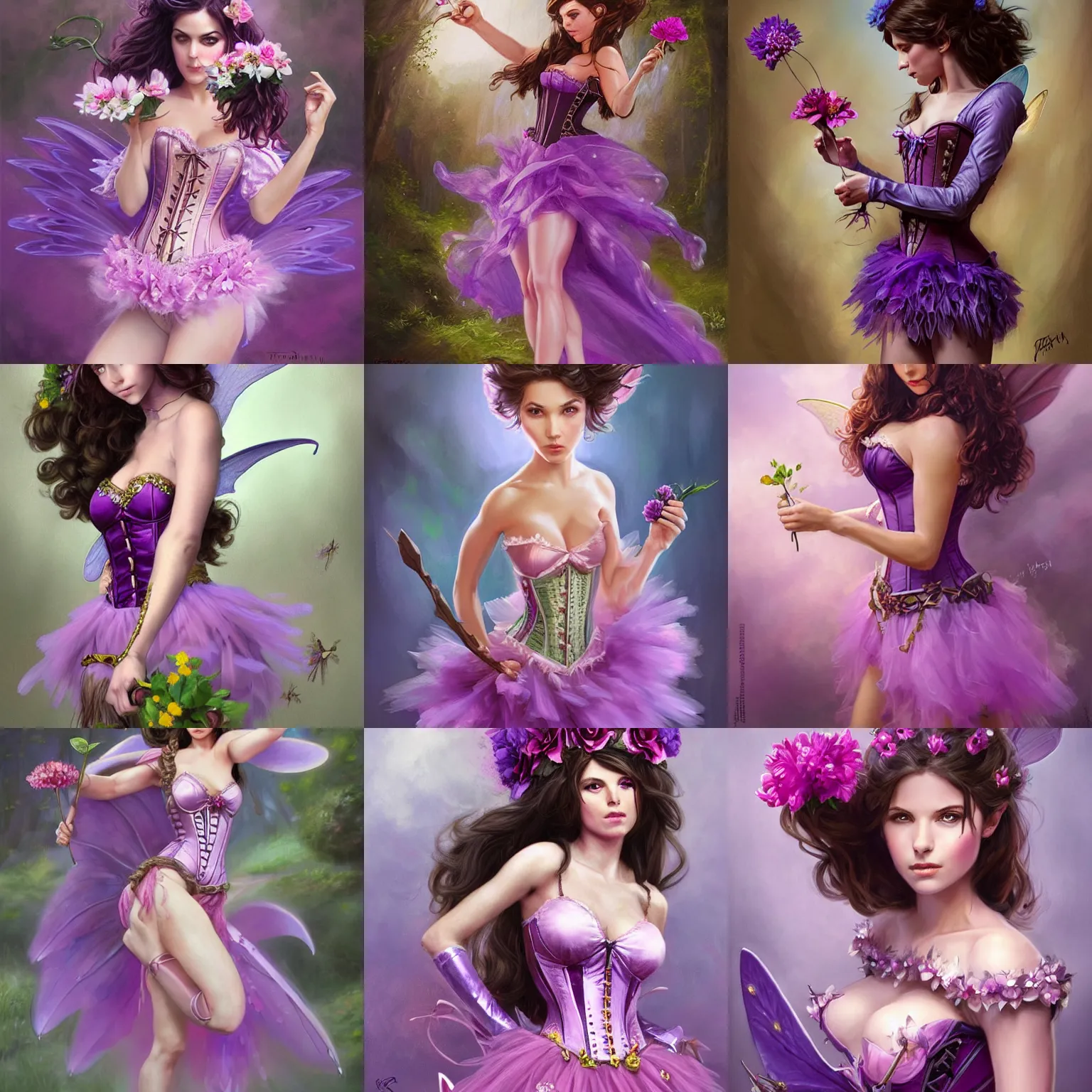 Prompt: brunette fairy woman, wearing purple corset and pink tutu, holding a flower in her hands, d & d, fantasy, highly detailed, digital painting, trending on artstation, concept art, sharp focus, illustration, art by artgerm and greg rutkowski and magali villeneuve