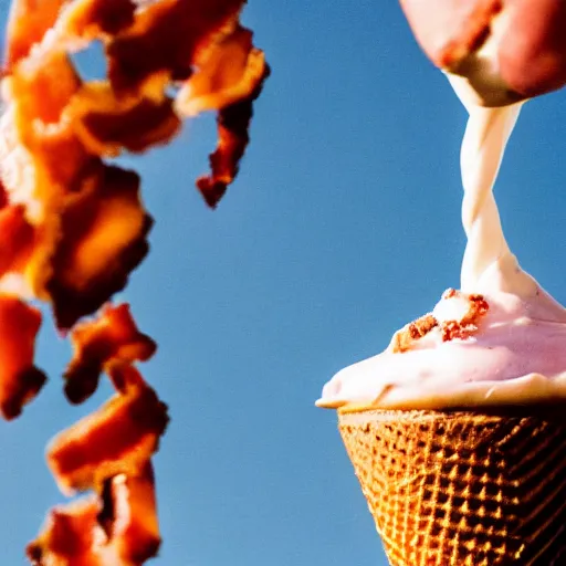 Prompt: a detailed photograph of a levitating ice cream cone made of bacon