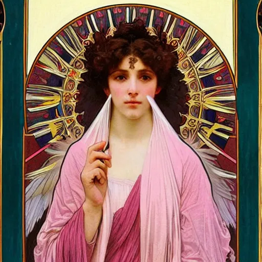 Prompt: painting of a beautifully robed angel with long thick pink hair with huge white feather wings, intricate, elegant, hyperdetailed, by alphonse mucha and william - adolphe bouguereau and john william waterhouse