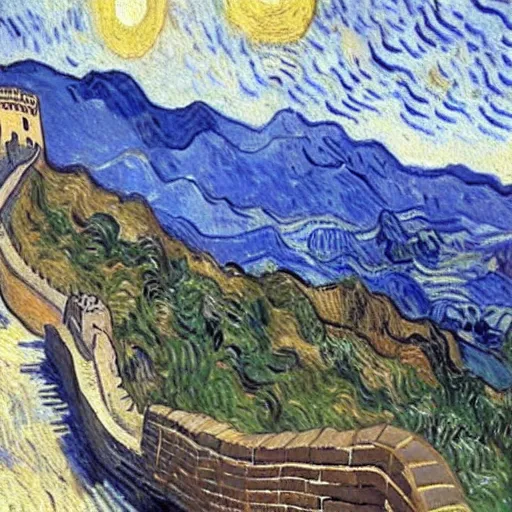 Prompt: An oil painting of a supercar is running on the Great Wall, by Van Gogh