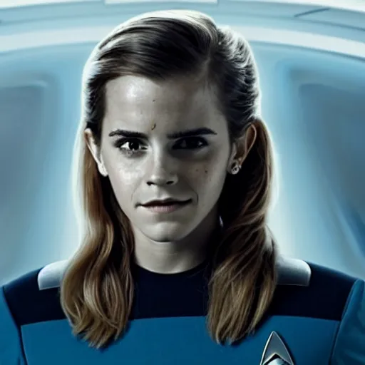 Image similar to Emma Watson in Star Trek, XF IQ4, f/1.4, ISO 200, 1/160s, 8K, Sense of Depth, color and contrast corrected, enhanced, Dolby Vision, symmetrical balance, in-frame