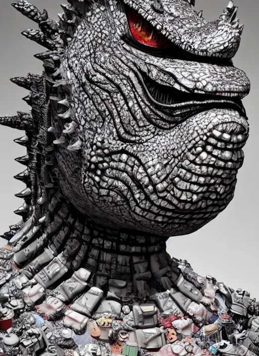 Image similar to closeup profile portrait of tin toy godzilla, depth of field, zeiss lens, detailed, symmetrical, centered, fashion photoshoot, by nicoletta ceccoli, mark ryden, lostfish, breathtaking, 8 k resolution, extremely detailed, beautiful, establishing shot, artistic, hyperrealistic, octane render