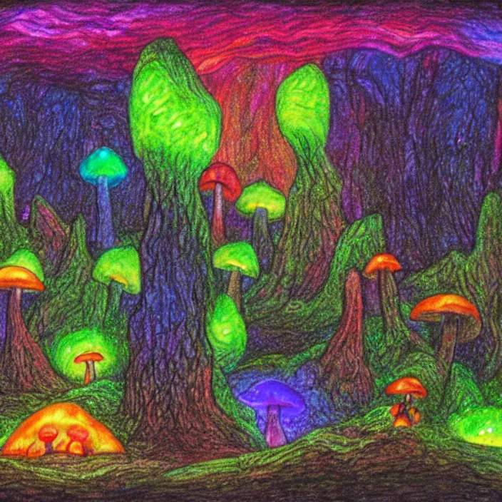 Image similar to a large cave lit by glowing mushrooms. colorful crystals grow from the ground. drawn with colored pencils, gloomy mood