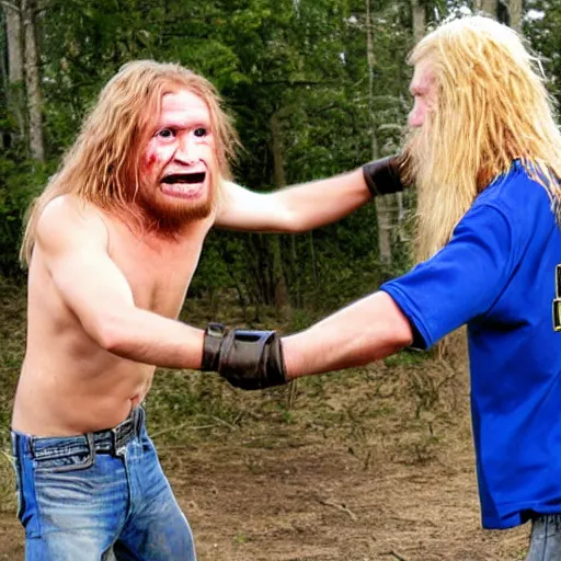 Prompt: long - haired blonde hillbilly fighting a cardboard boxman