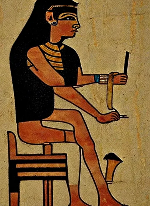 Image similar to ancient egypt painting of man using computer, 4 k, high quality, sharp fucos