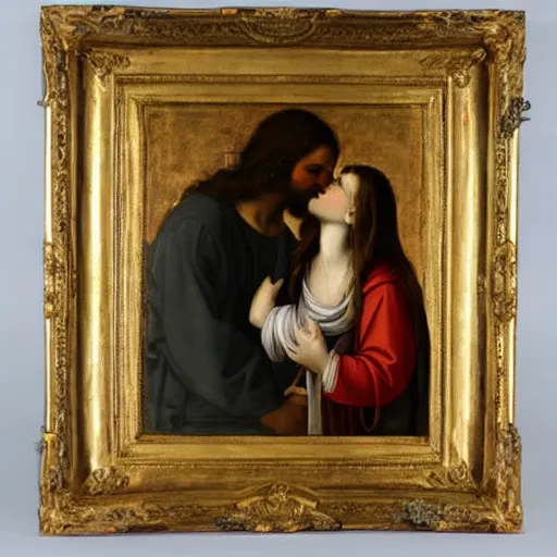 Image similar to 1 8 th oil panting of a jesus kissing with maria maddalena