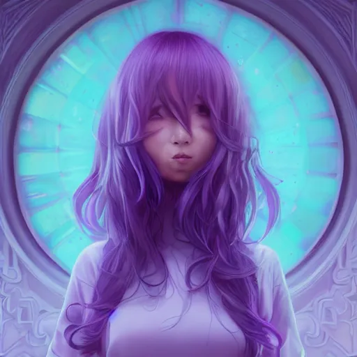 Prompt: detailed symmetry!!, ( cute asian woman who has purple middle - length hair with bangs ), by artgerm and charlie bowater and chris rallis, global illumination, radiant light, god rays, bokeh, digital illustration, cg society, unreal engine 5, ray tracing