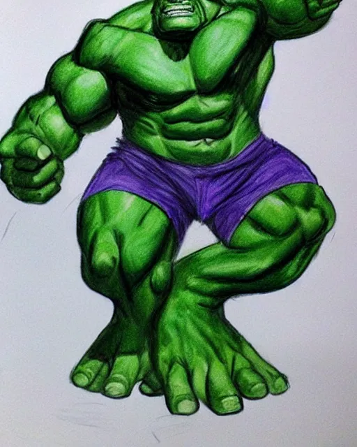 Image similar to Hulk painted by a 4 year old, crayons on paper