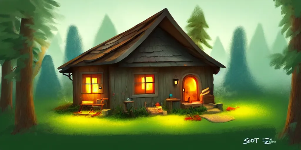 Image similar to a cozy little house in the woods, relaxing, concept art by scott zenteno