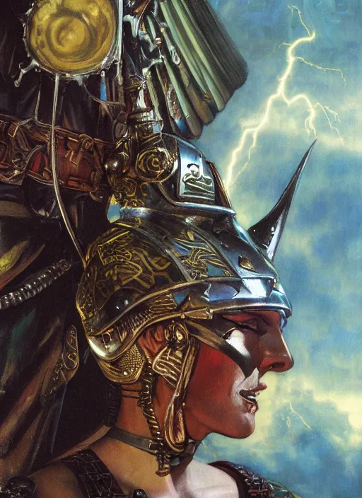 Image similar to dynamic! middle closeup chamber portrait of a biblical diabolical pirate female pharaoh, stylish leather armor, pirate ship! bright glowing eyes, in clouds, strong studio lights, thunder, storm, sunset, by gerald brom, by mikhail vrubel, by peter elson, muted colors, extreme detail, mirrors, trending on artstation, 8 k