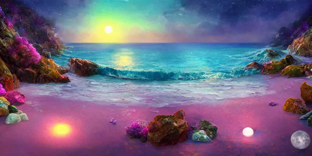 Image similar to a single glittering fairy beach cove at night full of crystals and magical glowing sea shells along the shore, a full moon, water and colorful flowers, extremely detailed oil painting, unreal 5 render, fantasy digital art, octane render, beautiful composition, trending on artstation, award-winning photograph, masterpiece