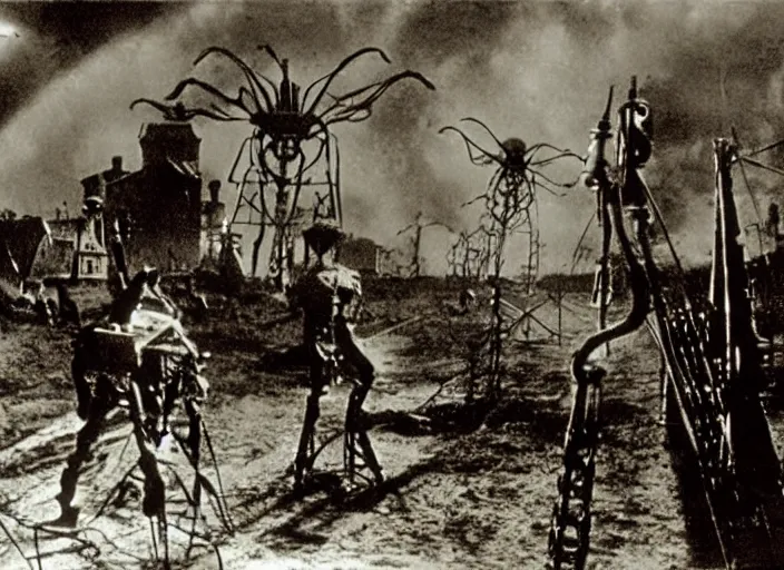 Prompt: scene from the 1899 science fiction film The War Of The Worlds