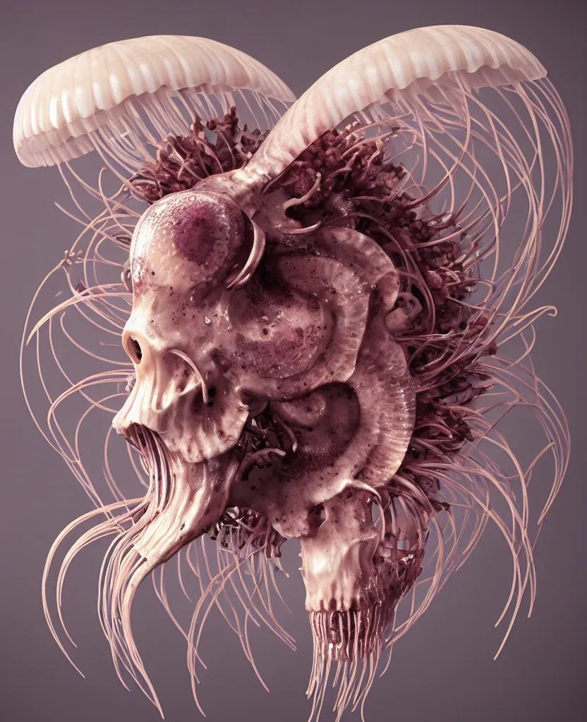 Image similar to goddess close-up portrait ram skull. jellyfish phoenix head, nautilus, orchid, skull, betta fish, bioluminiscent creatures, intricate artwork by Tooth Wu and wlop and beeple. octane render, trending on artstation, greg rutkowski very coherent symmetrical artwork. cinematic, hyper realism, high detail, octane render, 8k