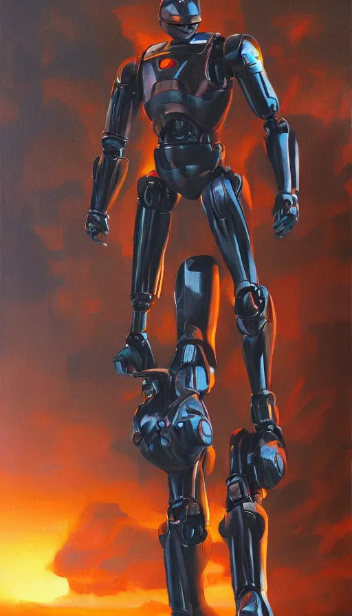 Image similar to robocop, heroic pose, oil painting, rim lighting, by jeff smith