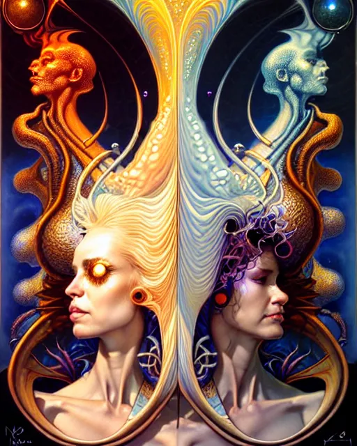 Image similar to a portrait of gemini water and fire fantasy character portrait made of fractals facing each other, ultra realistic, wide angle, intricate details, the fifth element artifacts, highly detailed by peter mohrbacher, hajime sorayama, wayne barlowe, boris vallejo, aaron horkey, gaston bussiere, craig mullins